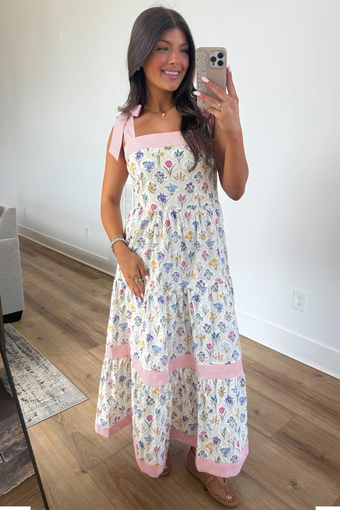 Floral Print Striped Straps Maxi Dress