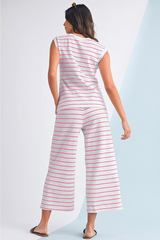 Rose Stripe Casual Tee and Wide Leg Pants Set