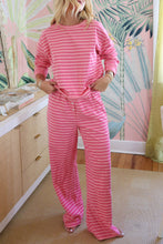 Load image into Gallery viewer, Pink Stripe Drop Shoulder Round Neck Top and Buttoned Straight Pants Two Piece Set