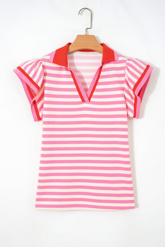 Rose Stripe Contrast Trim Polo Collar Ruffled Short Sleeve Blouse
