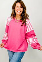 Load image into Gallery viewer, Strawberry Pink Heart Shape Striped Patchwork Long Sleeve Loose Top