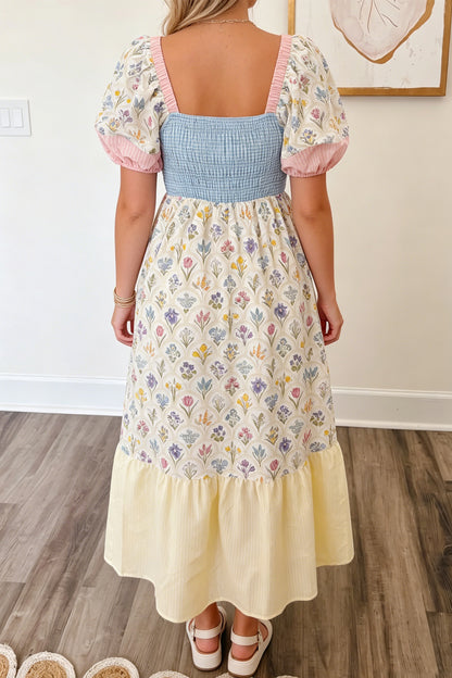 Patchwork Square Neck Shirred Long Dress