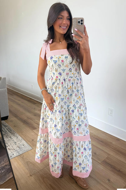 Floral Print Striped Straps Maxi Dress