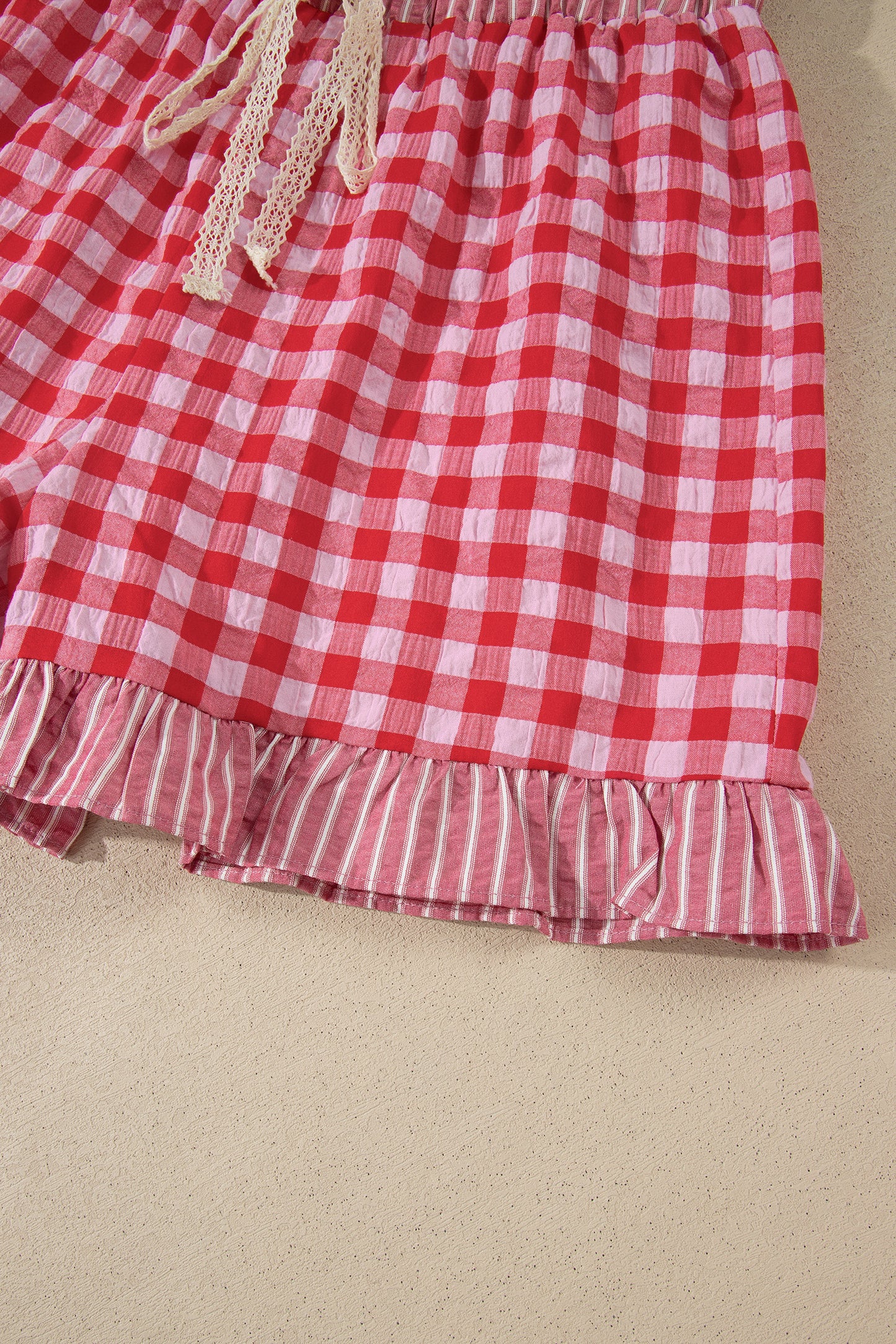 Sky Blue Gingham Print Ruffle Striped Detail Lace Tie Shorts