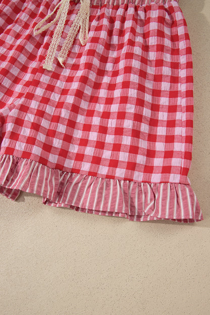 Sky Blue Gingham Print Ruffle Striped Detail Lace Tie Shorts