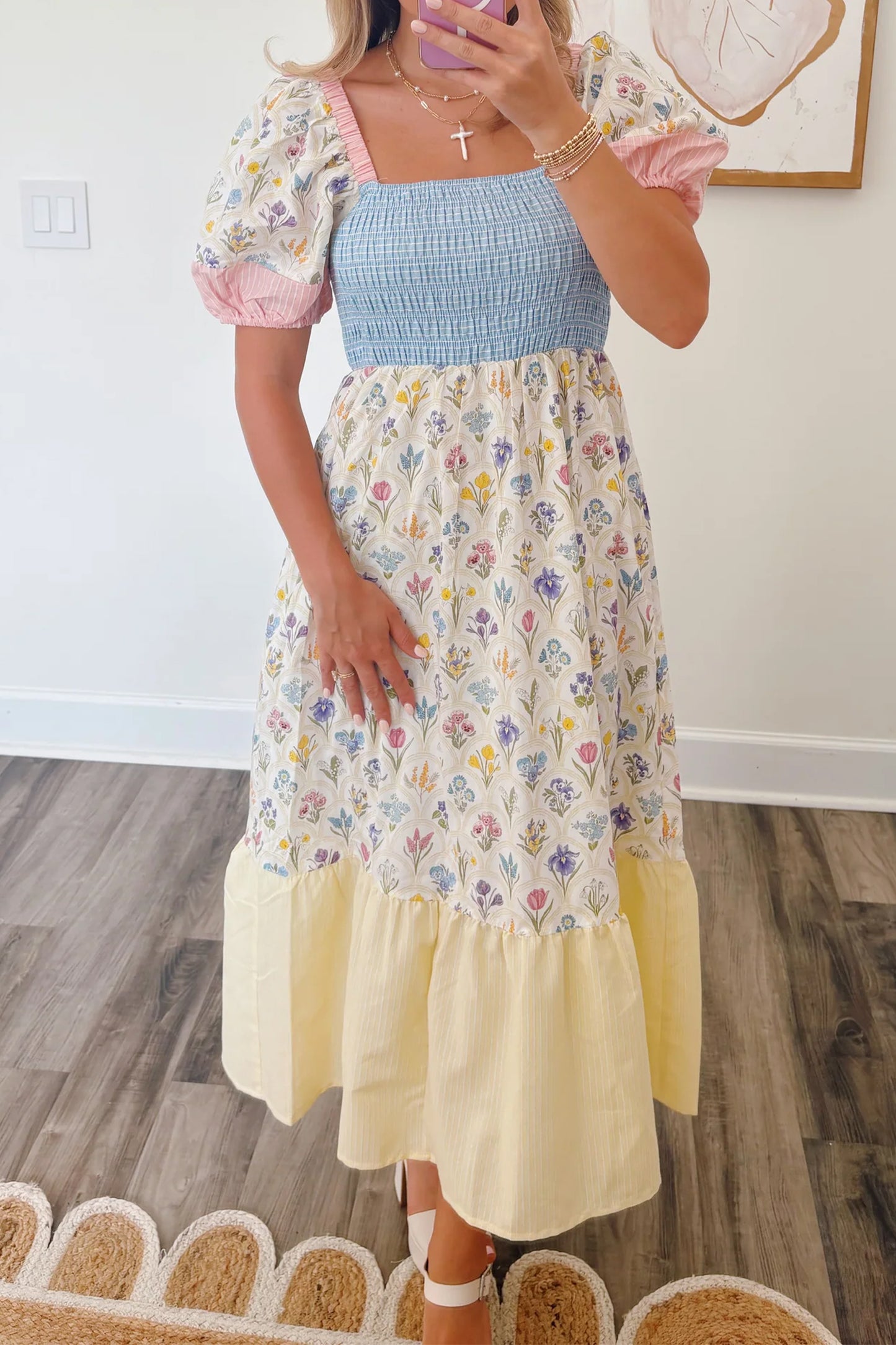 Patchwork Square Neck Shirred Long Dress