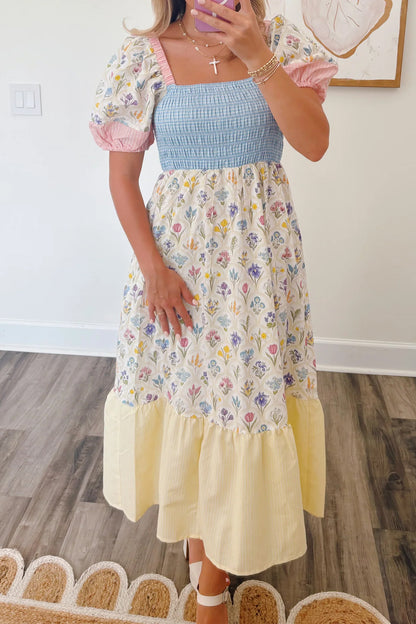 Patchwork Square Neck Shirred Long Dress