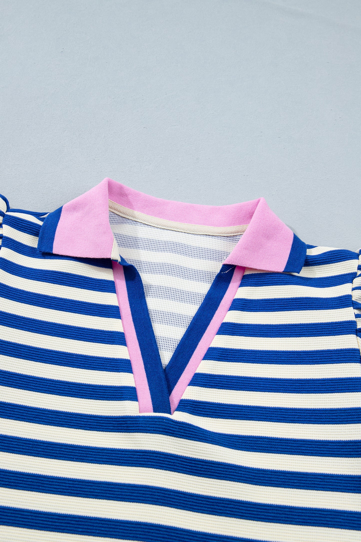 Rose Stripe Contrast Trim Polo Collar Ruffled Short Sleeve Blouse