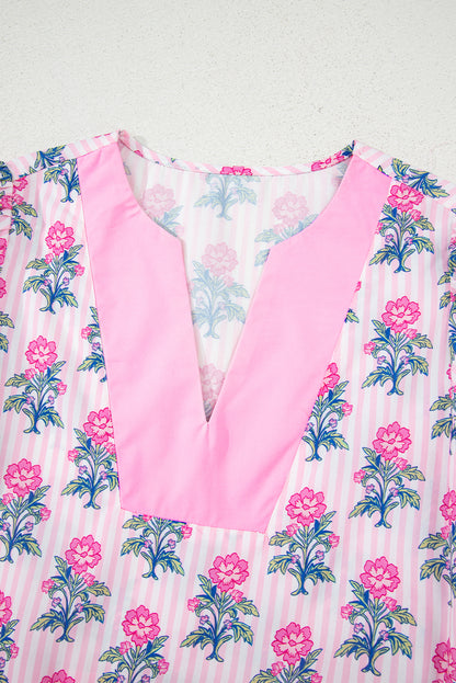 Rose Floral Striped Print Patchwork Ruffle Hem Blouse
