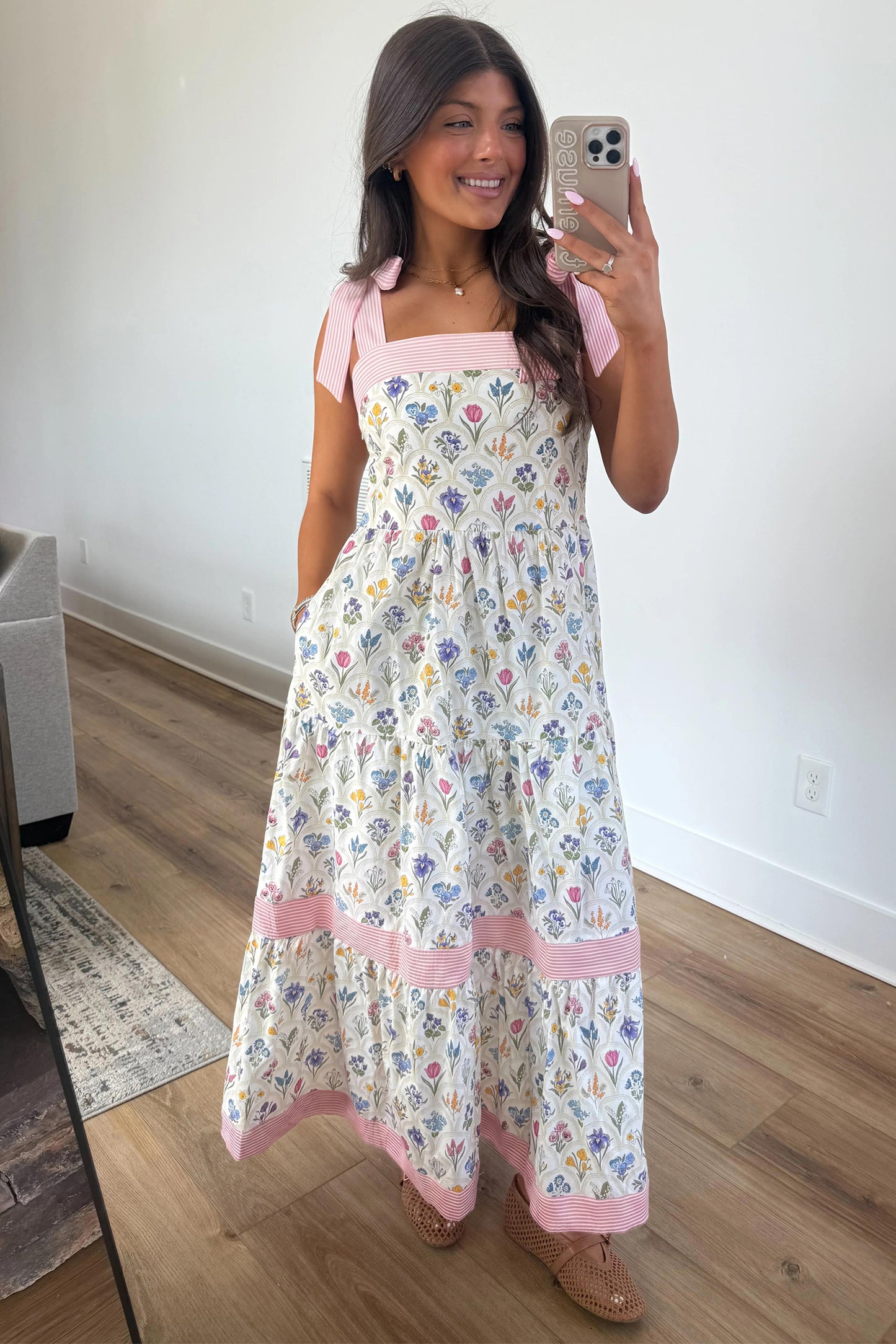 Floral Print Striped Straps Maxi Dress