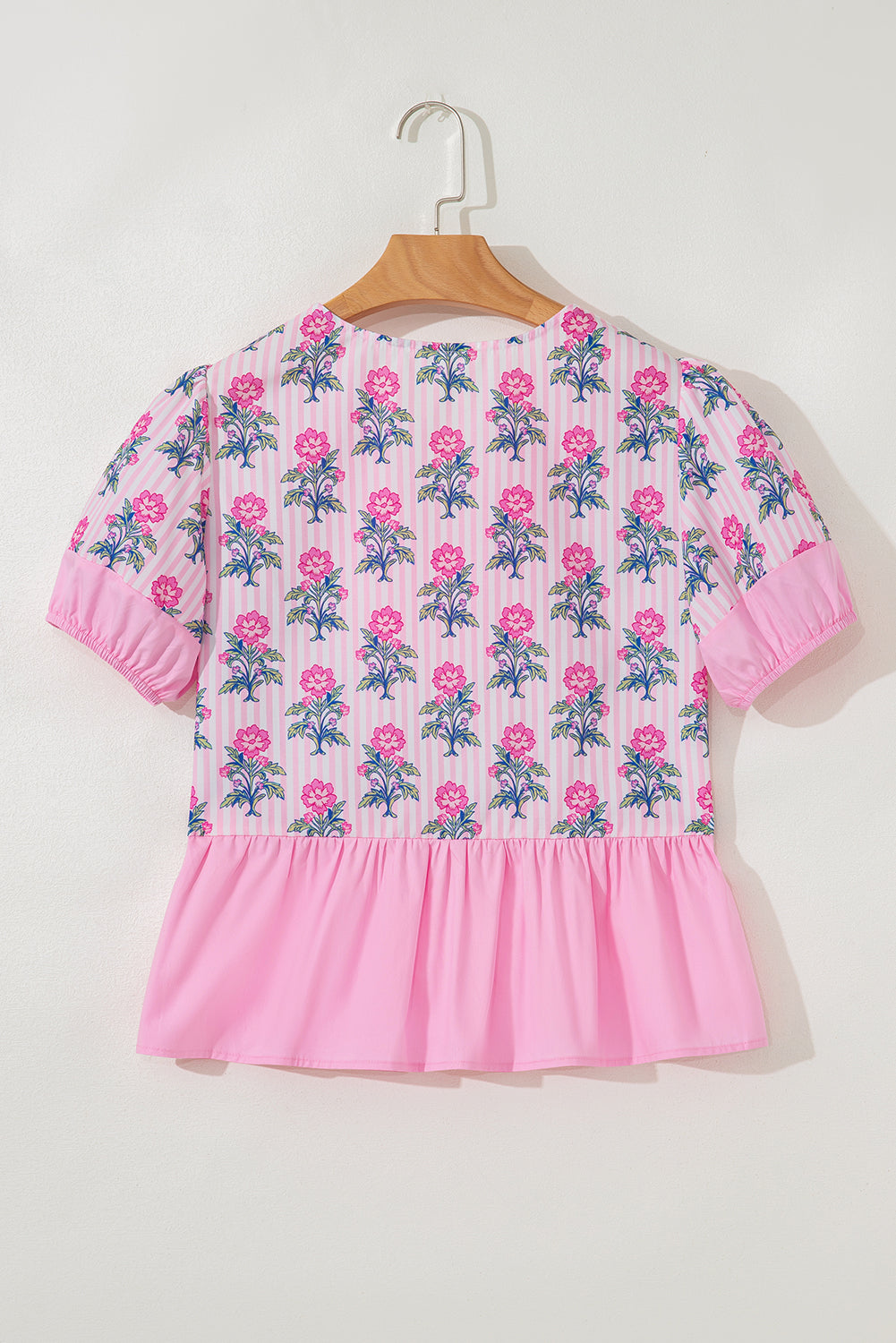 Rose Floral Striped Print Patchwork Ruffle Hem Blouse