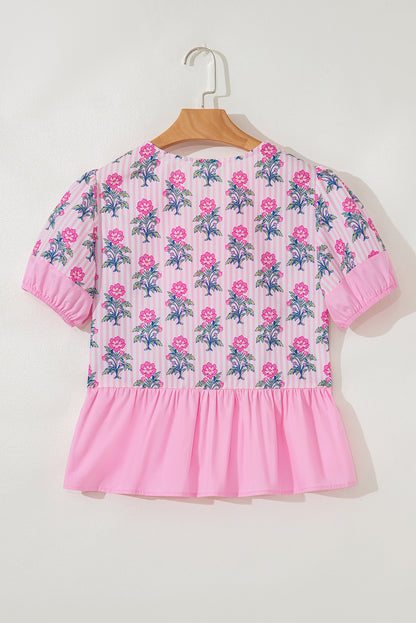 Rose Floral Striped Print Patchwork Ruffle Hem Blouse
