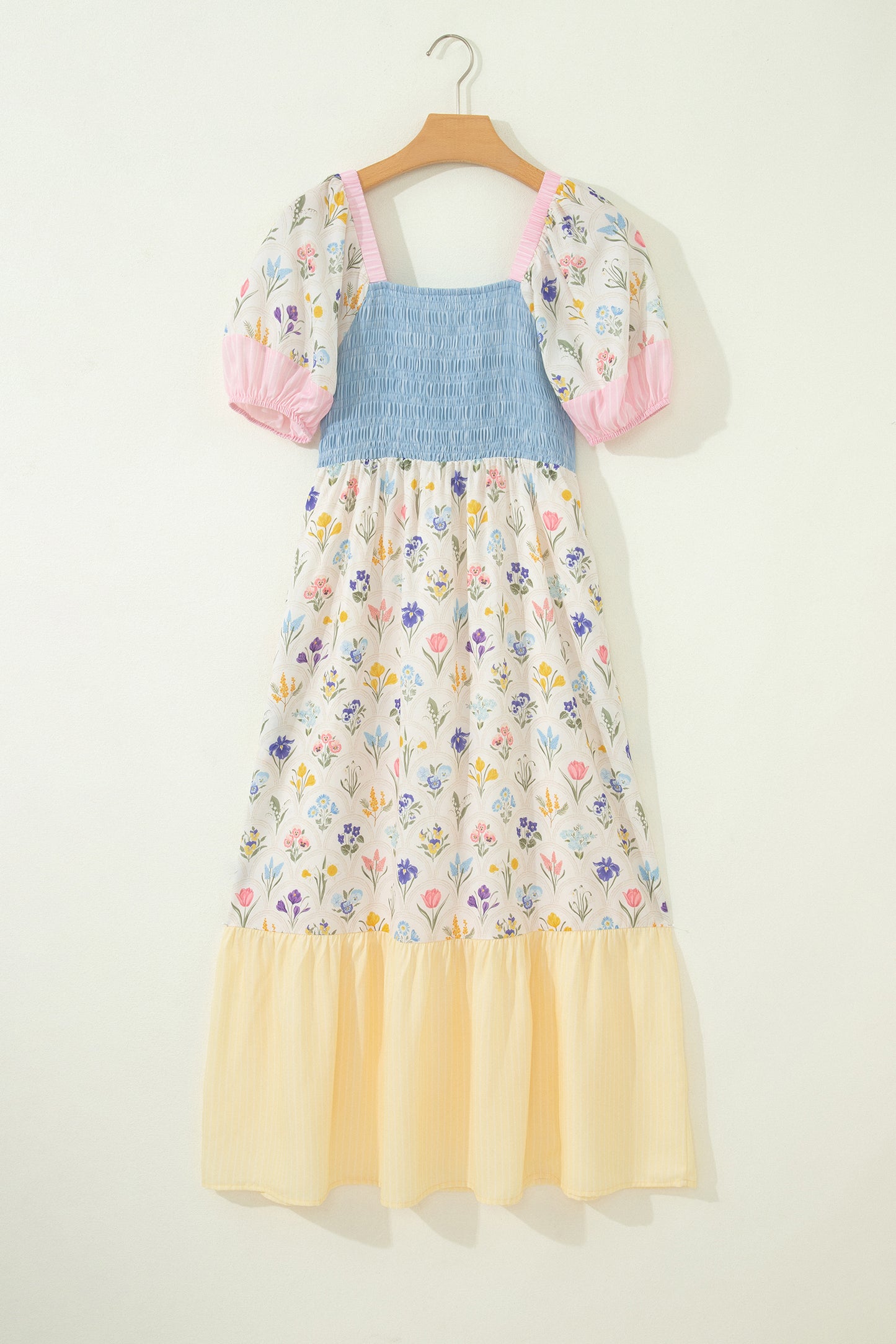 Patchwork Square Neck Shirred Long Dress