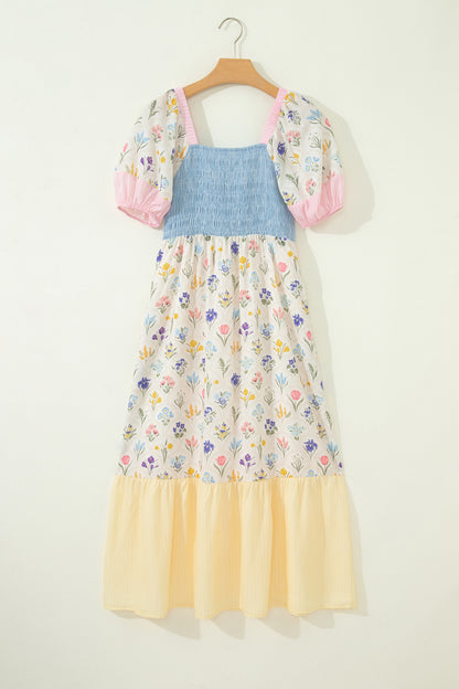 Patchwork Square Neck Shirred Long Dress