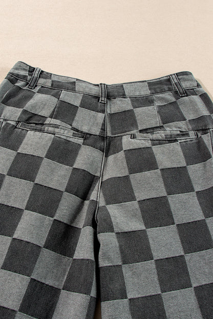 Dusk Blue Checkered Light Washed Wide Leg Jeans