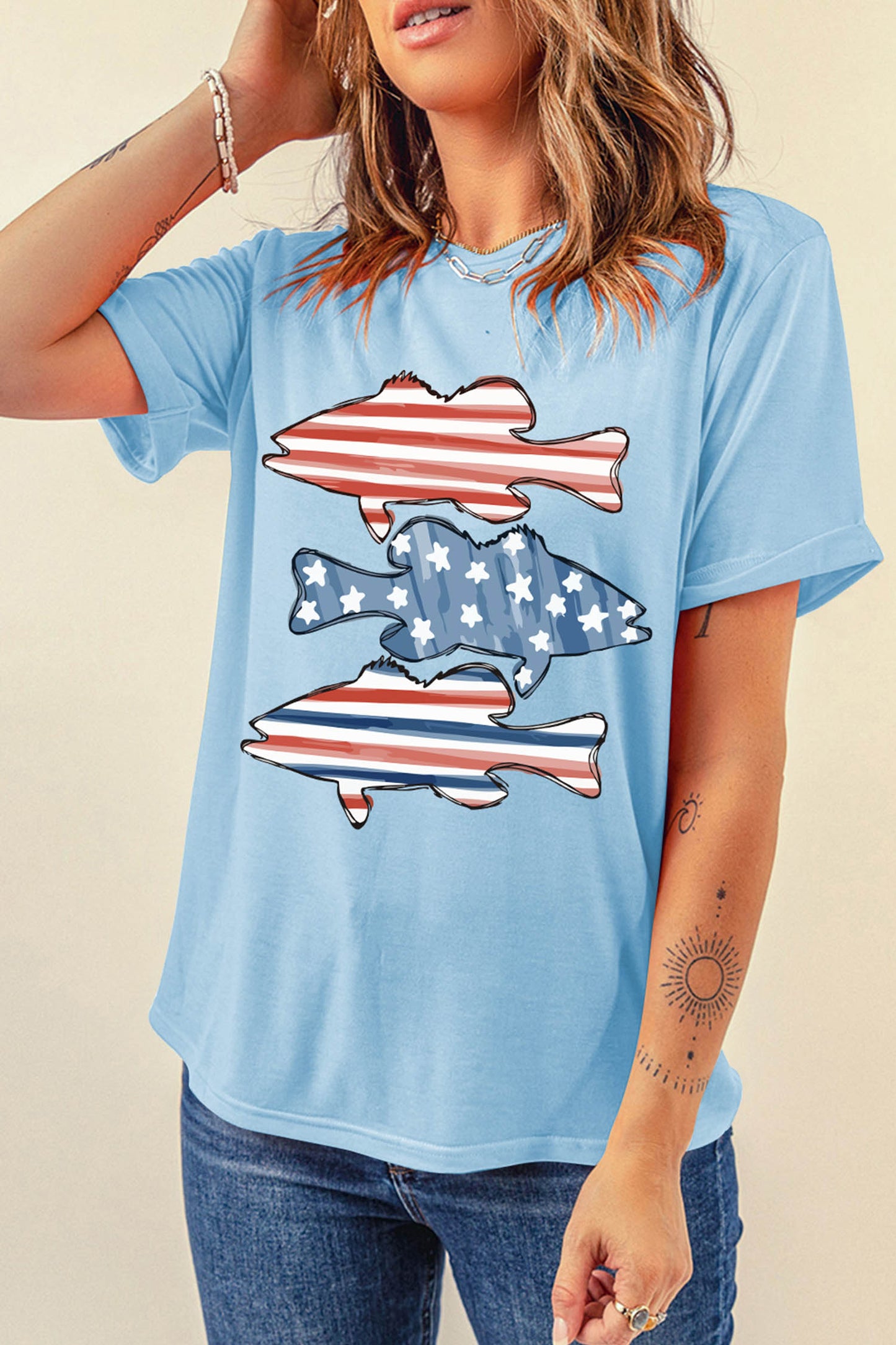 Light Blue Patriotic Fish Print Relaxed Graphic T Shirt