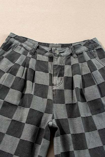 Dusk Blue Checkered Light Washed Wide Leg Jeans