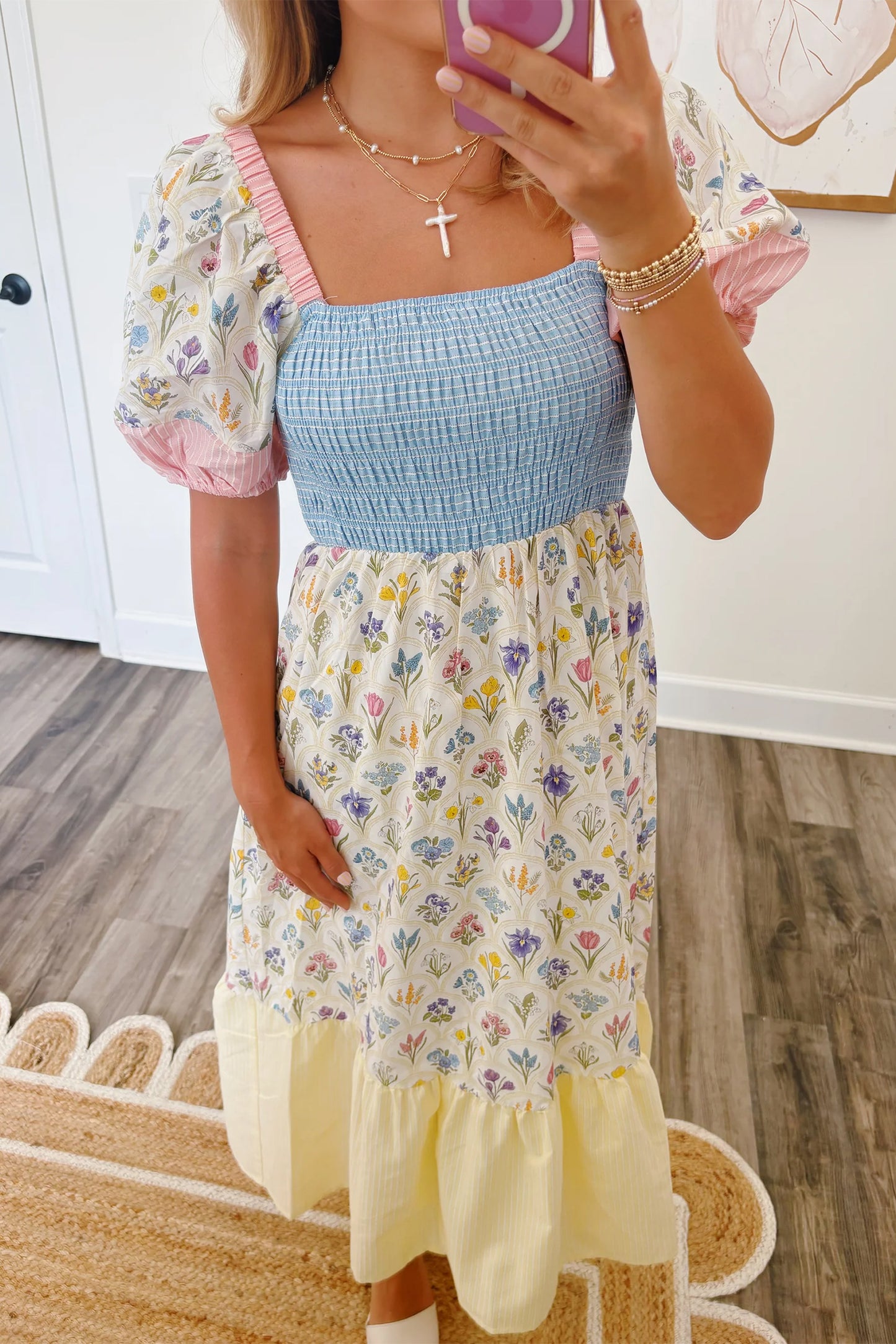Patchwork Square Neck Shirred Long Dress