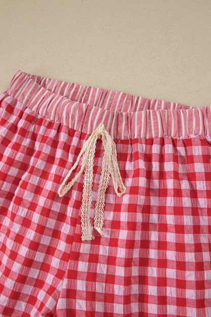 Sky Blue Gingham Print Ruffle Striped Detail Lace Tie Shorts