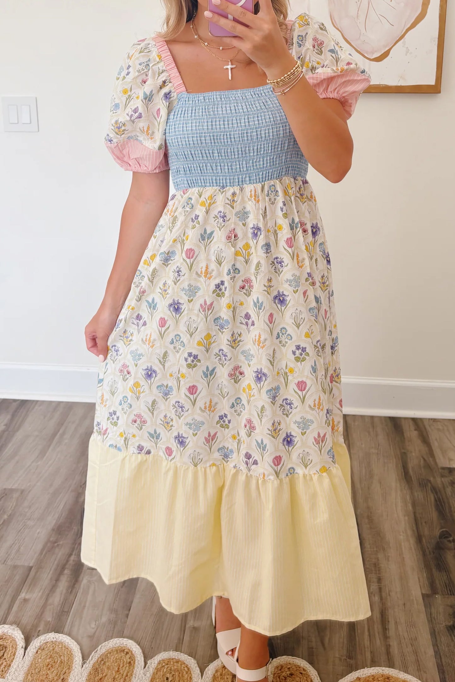 Patchwork Square Neck Shirred Long Dress