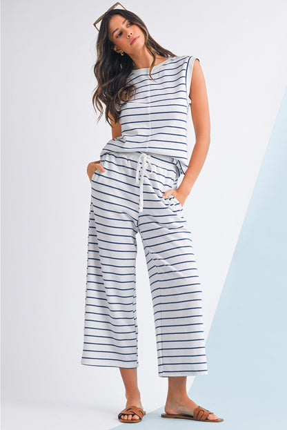 Rose Stripe Casual  Tee and Wide Leg Pants Set