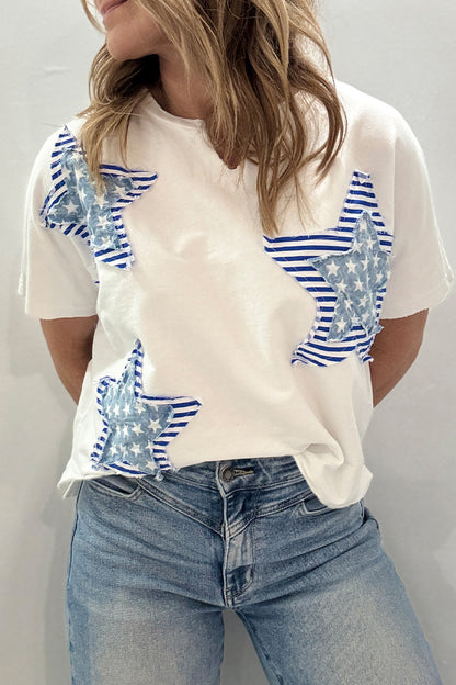 Sky Blue Patriot Star Patched Notched Neck Mineral Washed Tee