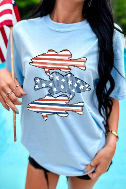 Light Blue Patriotic Fish Print Relaxed Graphic T Shirt