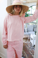 Load image into Gallery viewer, Pink Stripe Drop Shoulder Round Neck Top and Buttoned Straight Pants Two Piece Set

