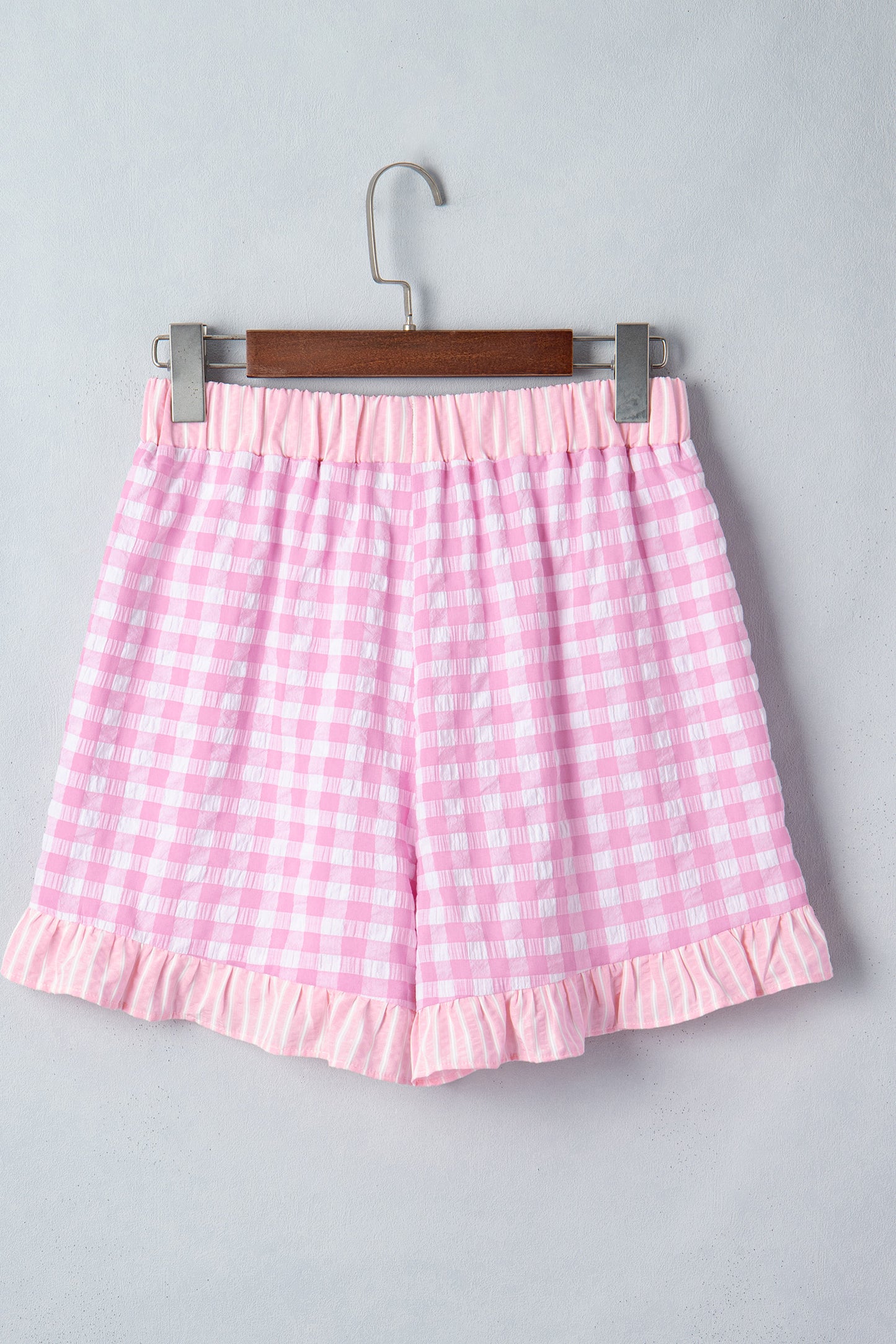 Sky Blue Gingham Print Ruffle Striped Detail Lace Tie Shorts
