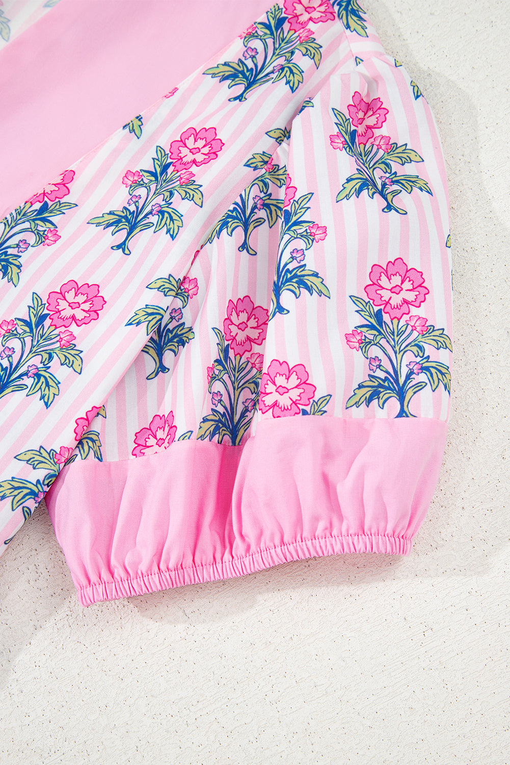 Rose Floral Striped Print Patchwork Ruffle Hem Blouse