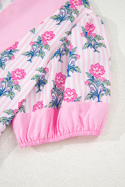 Rose Floral Striped Print Patchwork Ruffle Hem Blouse