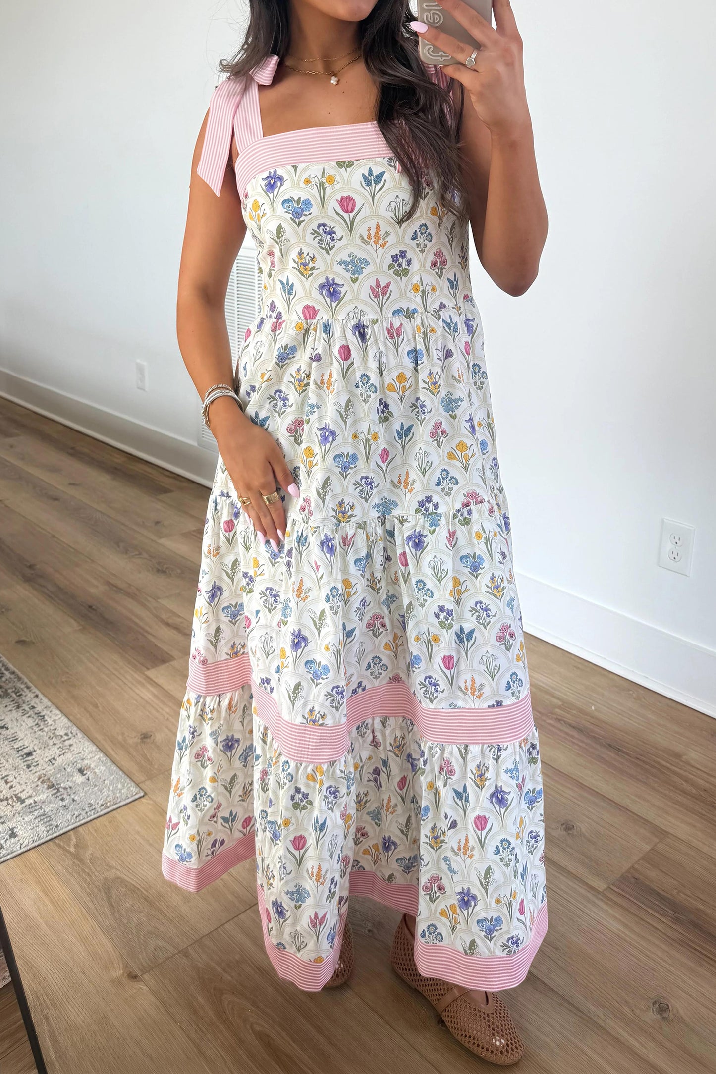 Floral Print Striped Straps Maxi Dress
