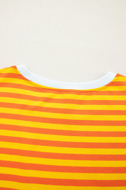 Sky Blue Stripe Contrast Crew Neck Drop Shoulder Loose Tee