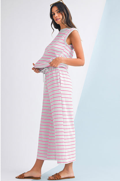 Rose Stripe Casual  Tee and Wide Leg Pants Set