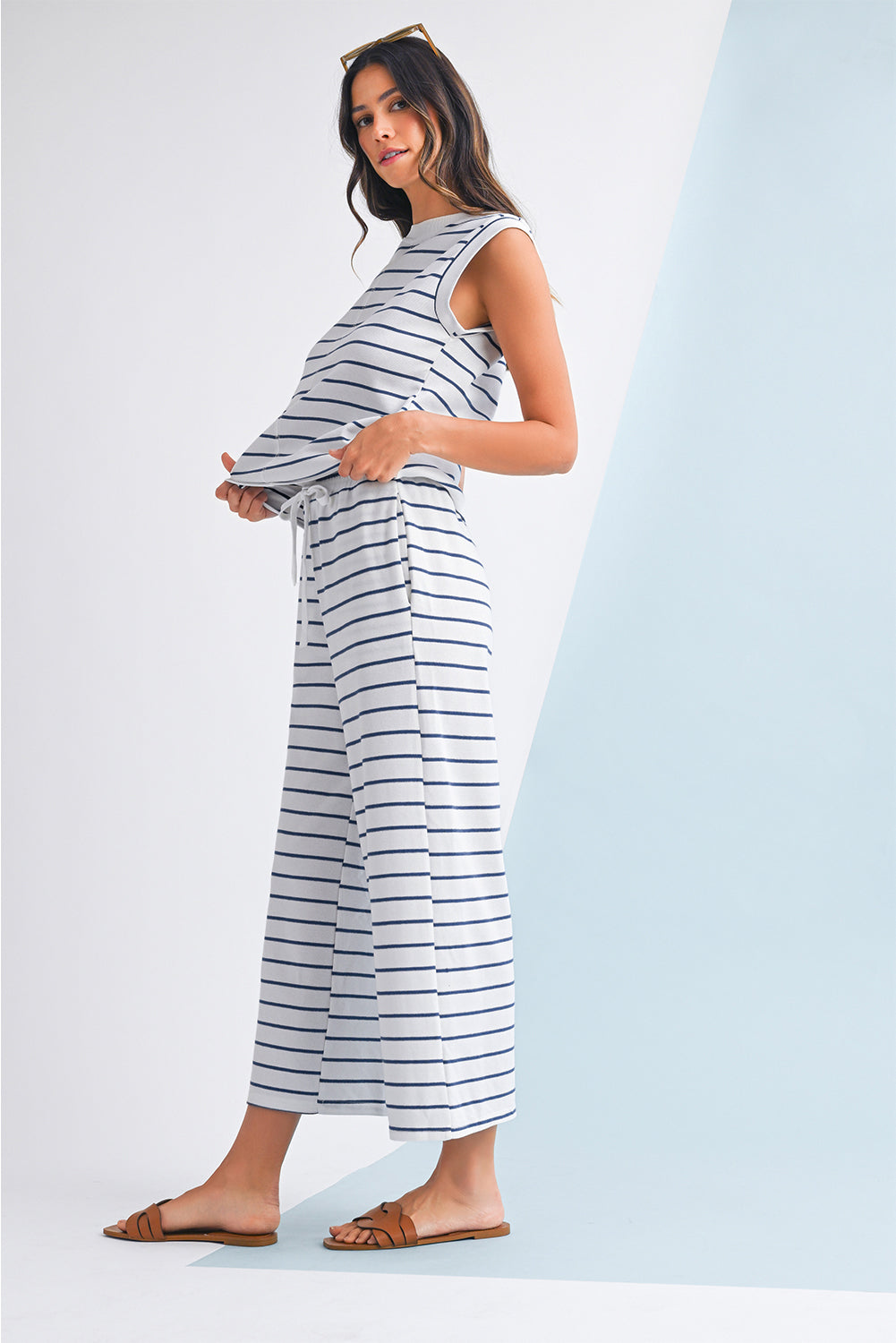 Rose Stripe Casual  Tee and Wide Leg Pants Set