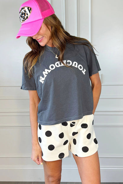 Sky Blue Polka Dot Print Drop Shoulder Pullover Drawstring Shorts Set