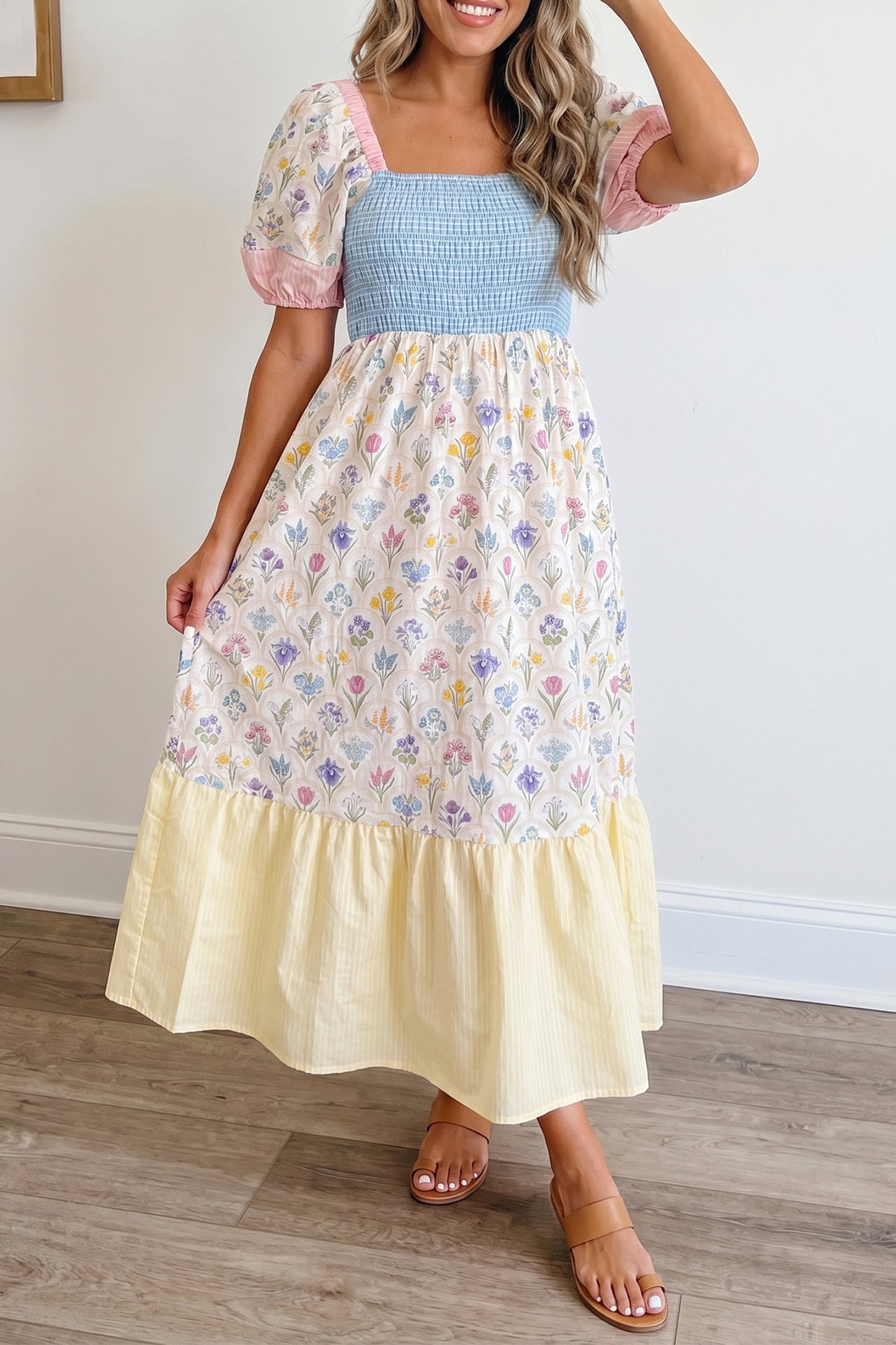 Patchwork Square Neck Shirred Long Dress
