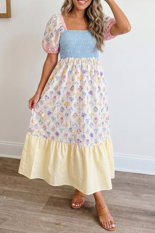 Patchwork Square Neck Shirred Long Dress