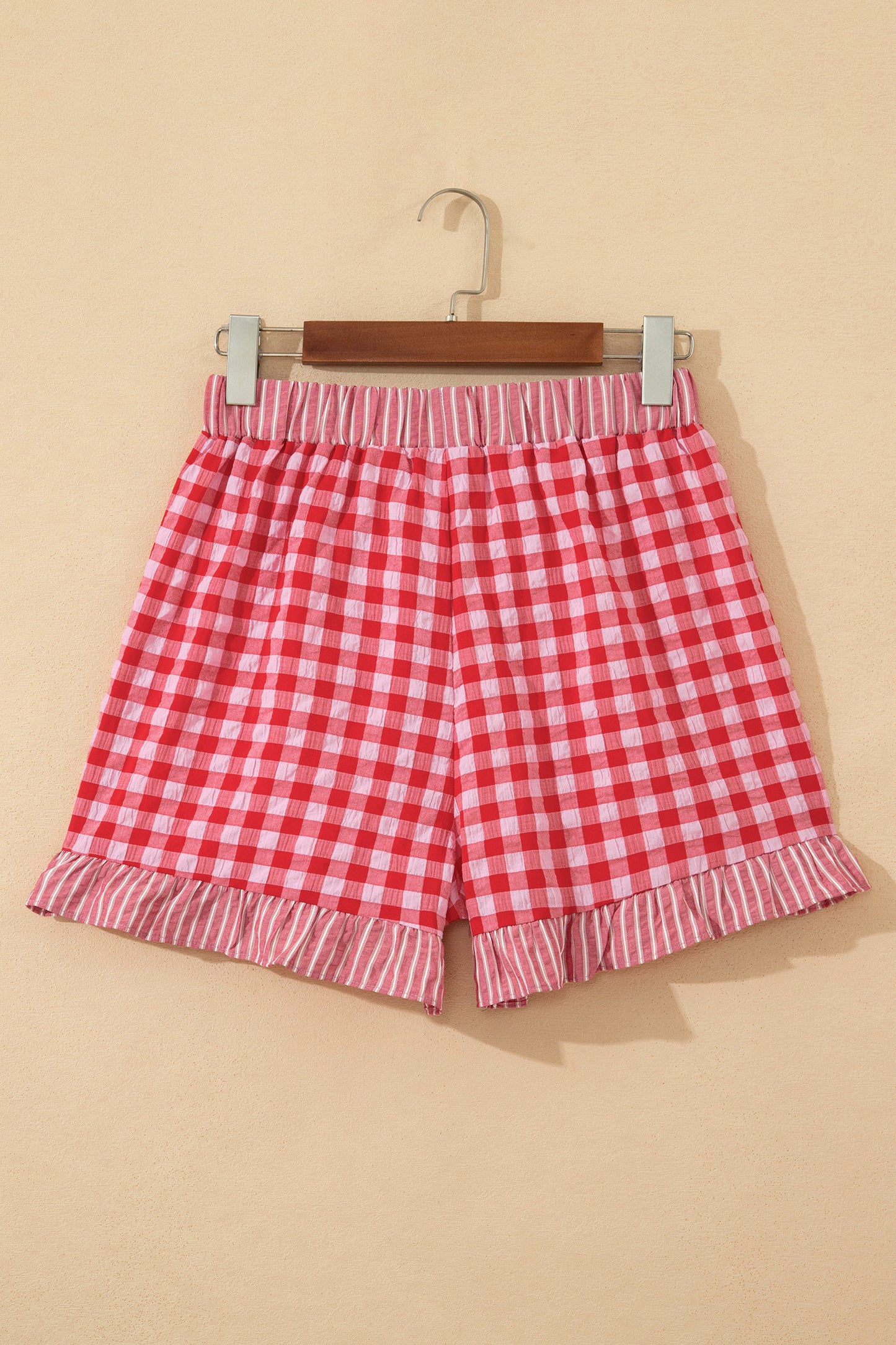 Sky Blue Gingham Print Ruffle Striped Detail Lace Tie Shorts