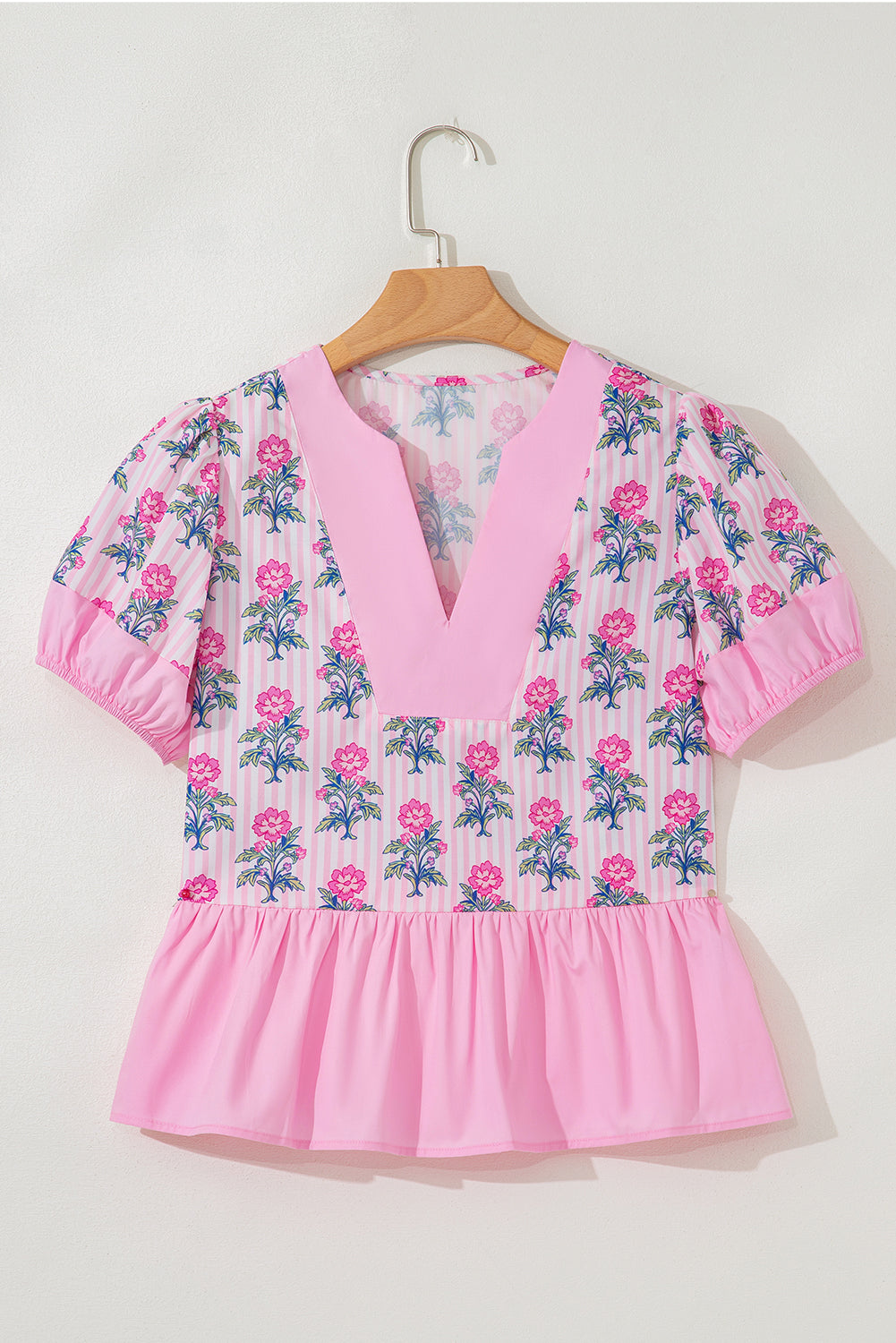 Rose Floral Striped Print Patchwork Ruffle Hem Blouse