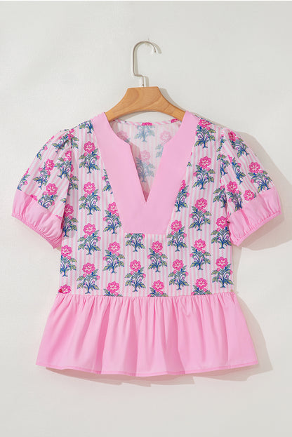 Rose Floral Striped Print Patchwork Ruffle Hem Blouse
