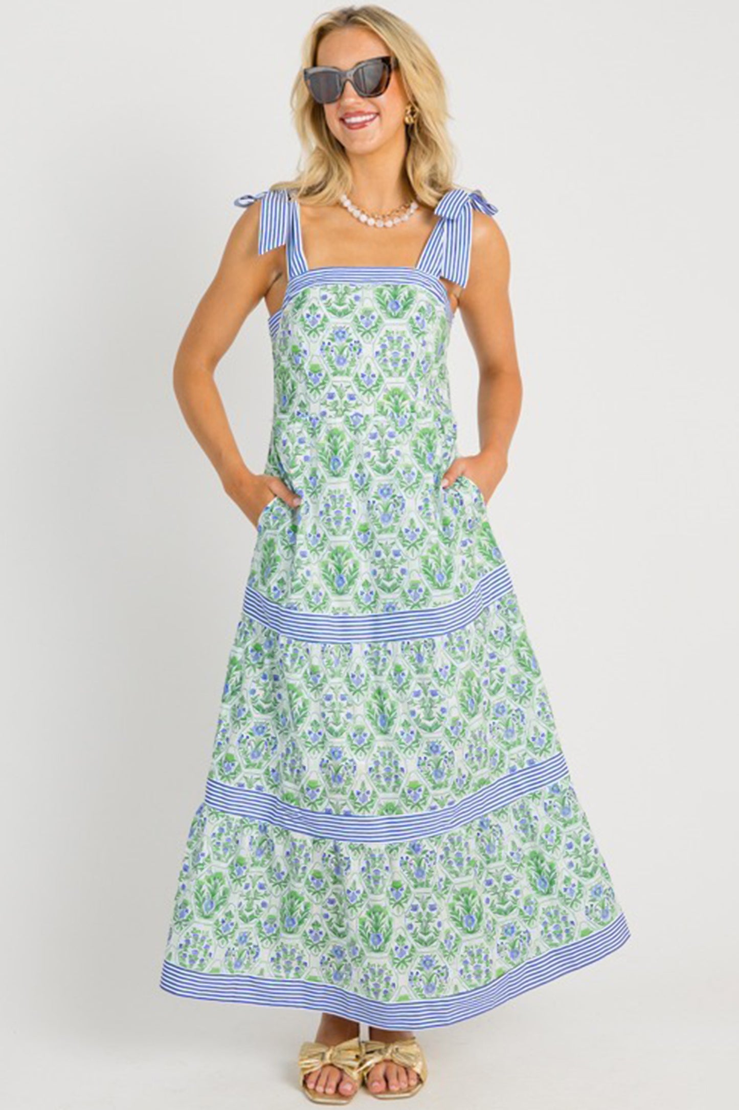 Floral Striped Patchwork Sleeveless Dress