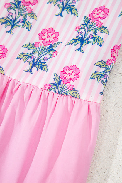 Rose Floral Striped Print Patchwork Ruffle Hem Blouse