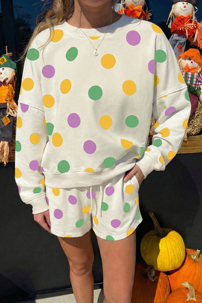 Sky Blue Polka Dot Print Drop Shoulder Pullover Drawstring Shorts Set