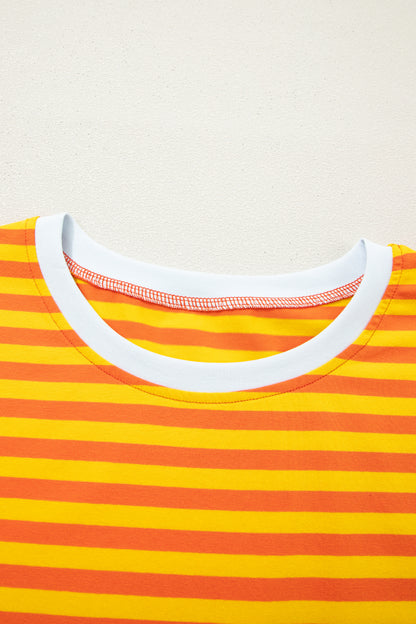 Sky Blue Stripe Contrast Crew Neck Drop Shoulder Loose Tee