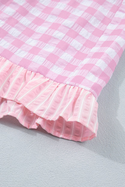 Sky Blue Gingham Print Ruffle Striped Detail Lace Tie Shorts
