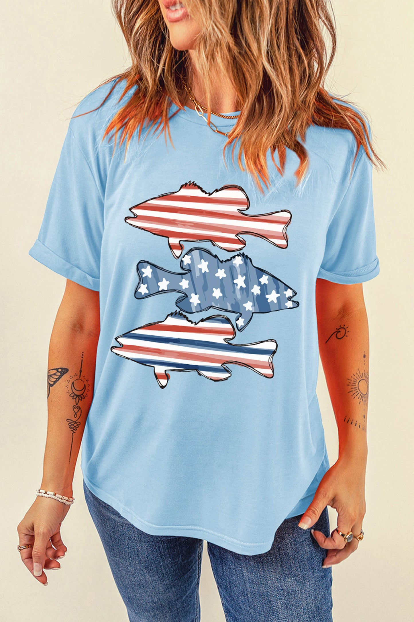 Light Blue Patriotic Fish Print Relaxed Graphic T Shirt