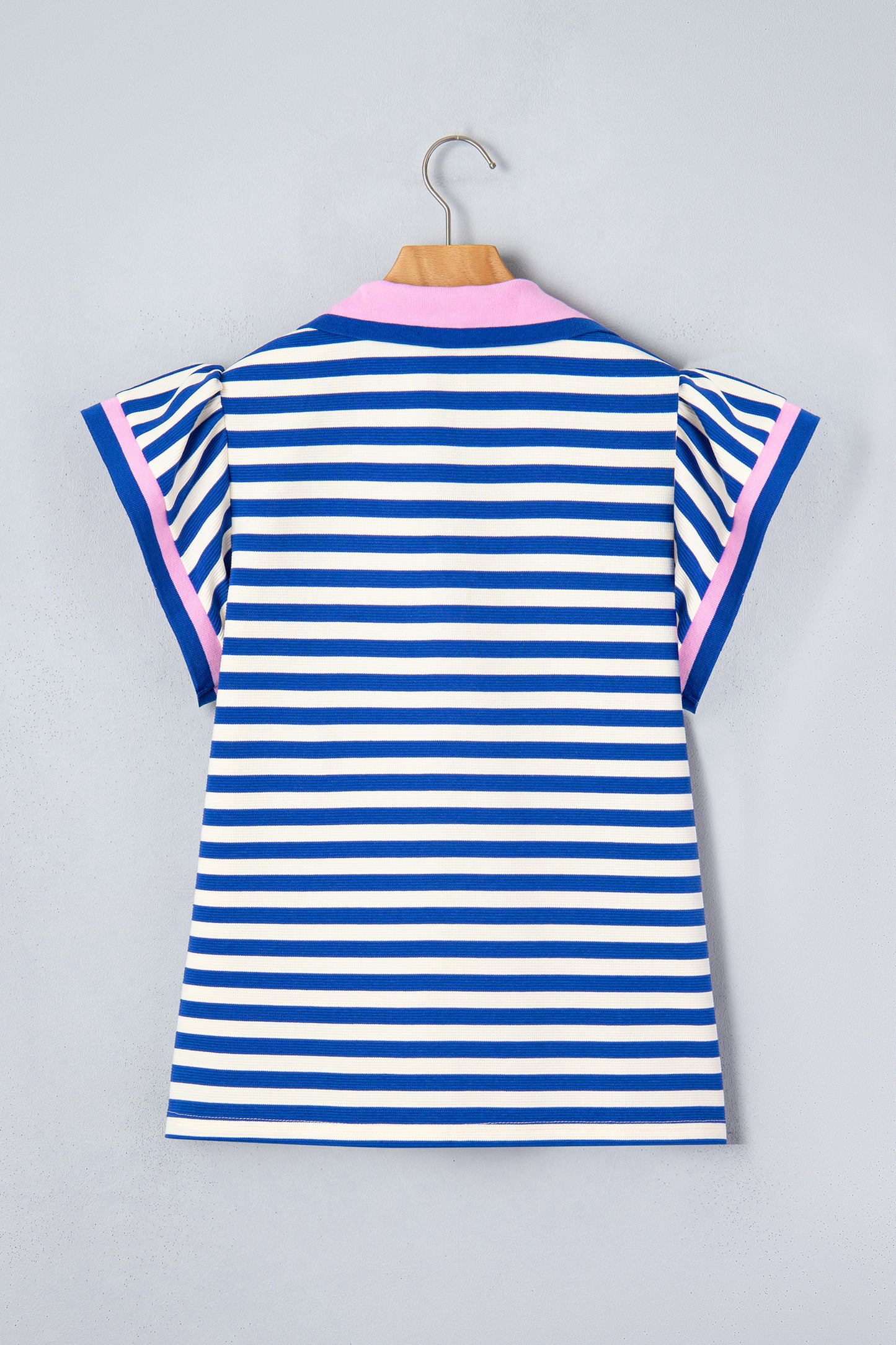 Rose Stripe Contrast Trim Polo Collar Ruffled Short Sleeve Blouse