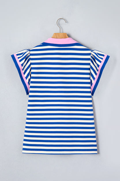 Rose Stripe Contrast Trim Polo Collar Ruffled Short Sleeve Blouse