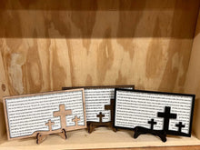 Load image into Gallery viewer, Wooden Hymnal Song 3 wooden crosses display w/ stand
